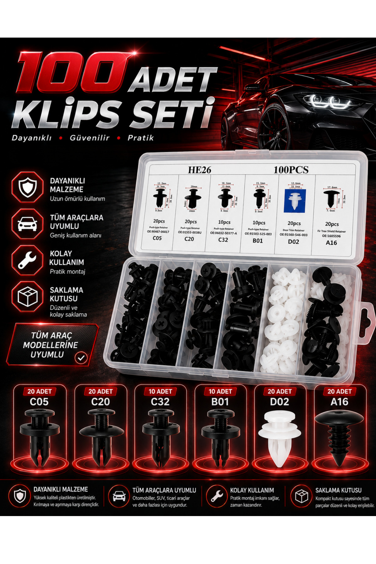 MeyZone 100 Parça Oto Fastener Klip Tampon Kapı Pervazı Tutucu