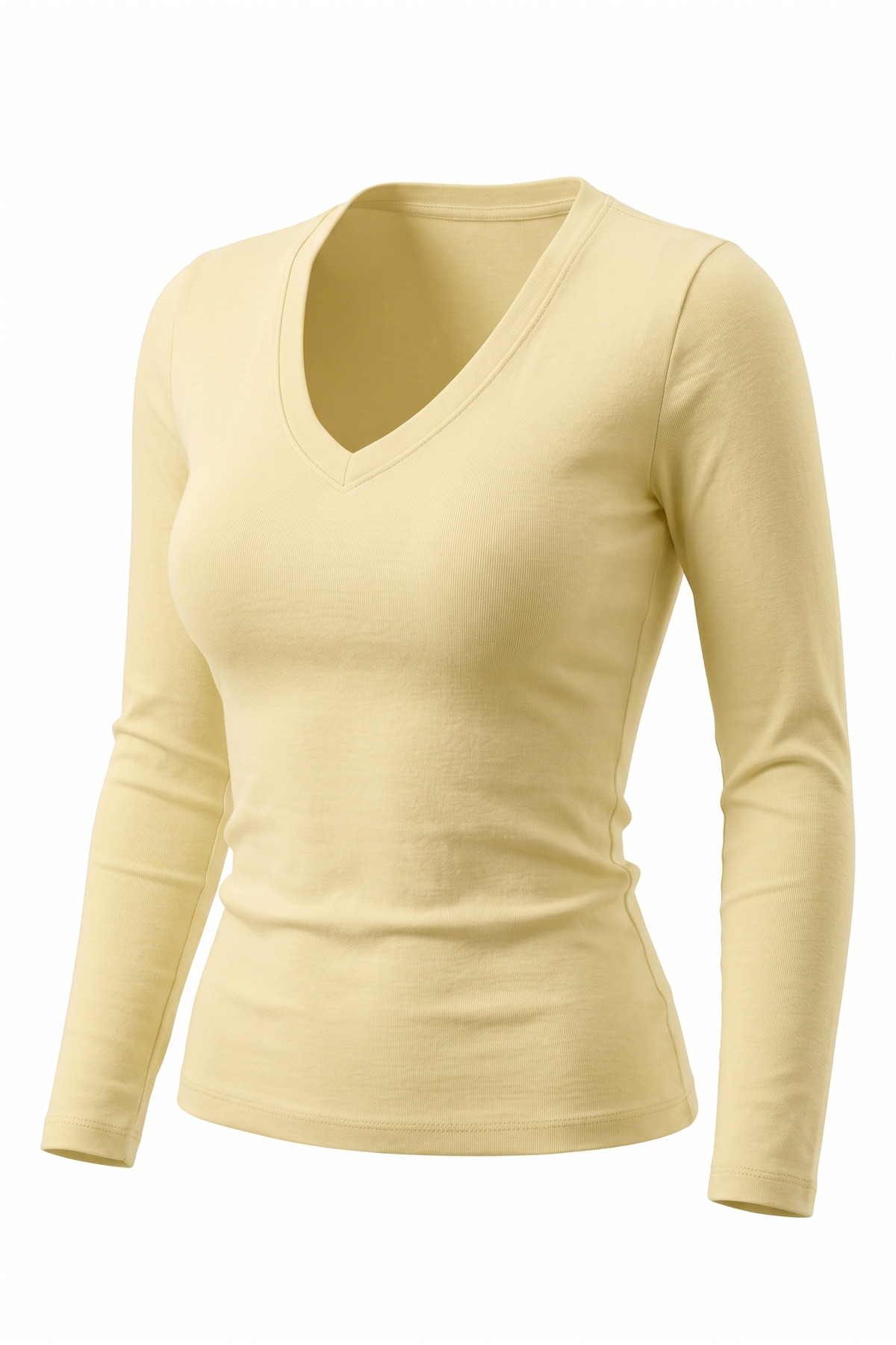 Nuzrk kids Kadın Soft Sarı Pamuklu Ultra Soft Vücudu Saran Esnek Slim Fit Uzun Kollu Likralı V Yaka Basic Bluz T-Shirt görsel 3