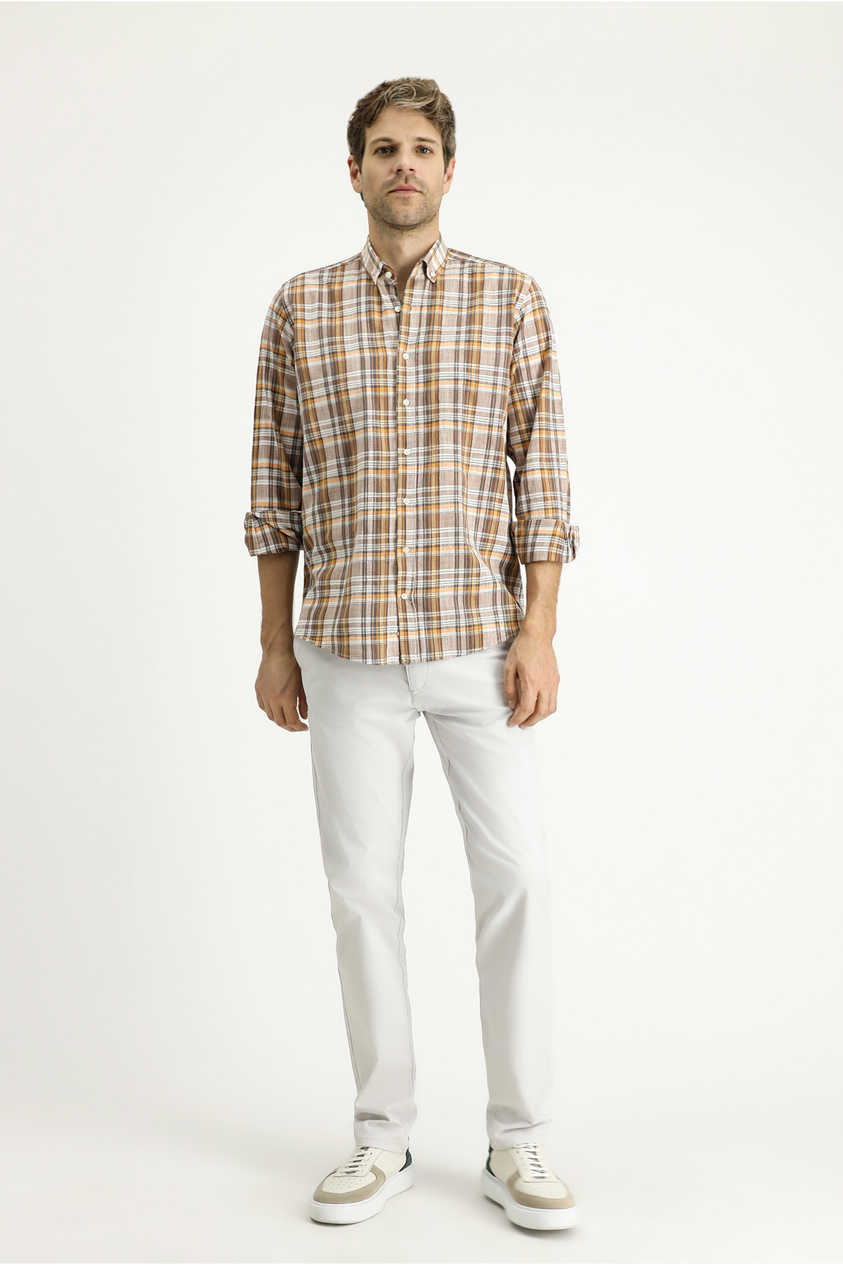 پیراهن نخی اسپرت شطرنجی آستین بلند — قهوه‌ای KY2443C0EK009 — تصویر 2 از 6