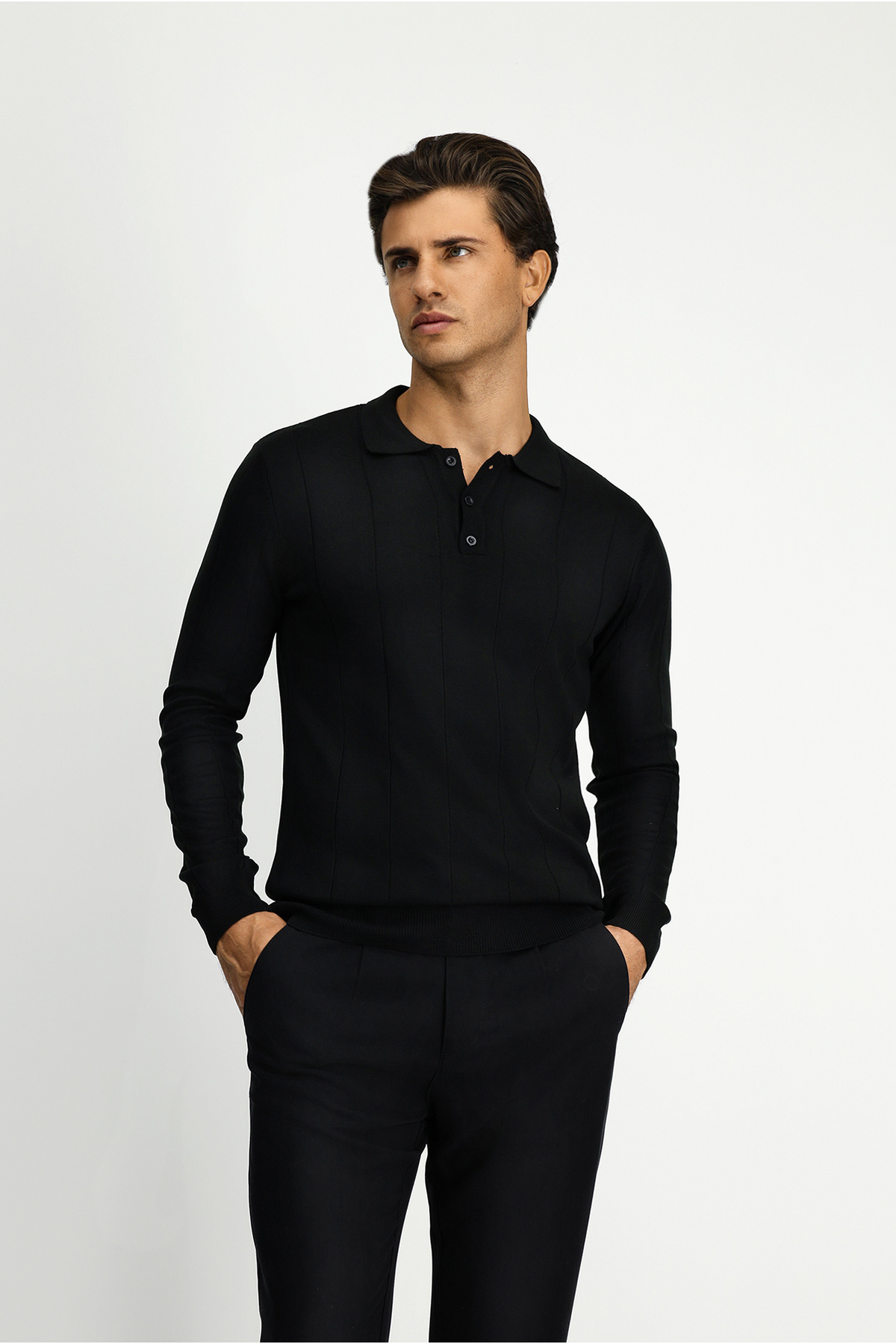 Kiğılı Polo Yaka Düğmeli Regular Fit Çizgili Triko Kazak