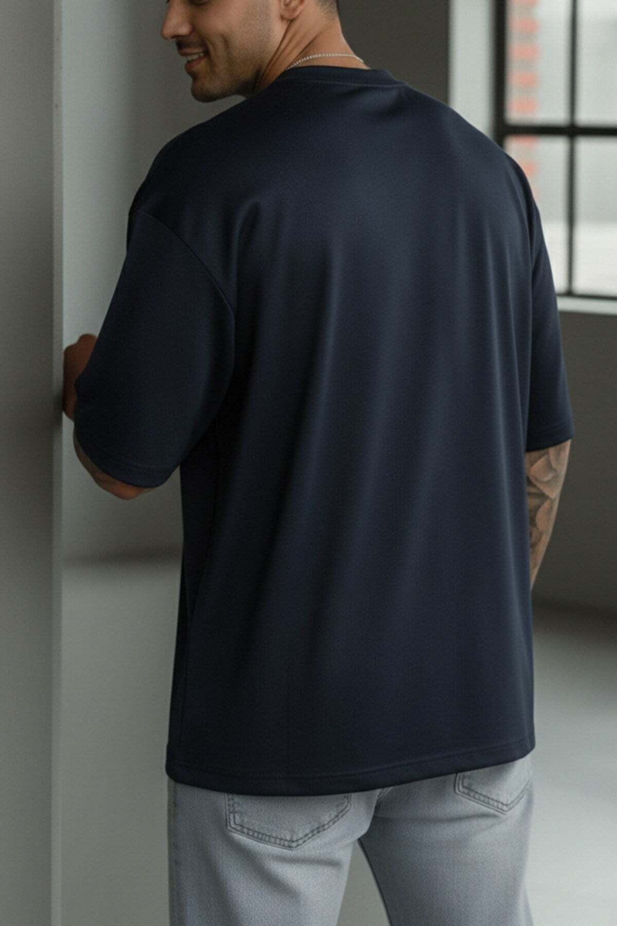 Teenage Millionaire Erkek Lacivert Bisiklet Yaka Düz Basic Baskısız Oversize Salas T-Shirt görsel 8