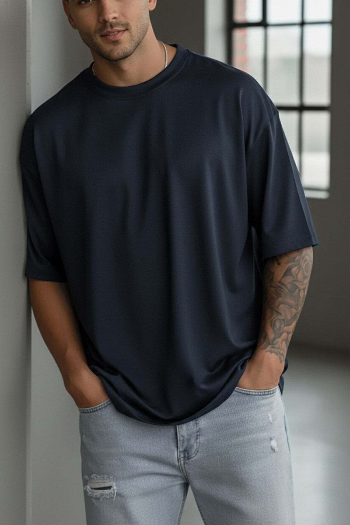 Teenage Millionaire Erkek Lacivert Bisiklet Yaka Düz Basic Baskısız Oversize Salas T-Shirt