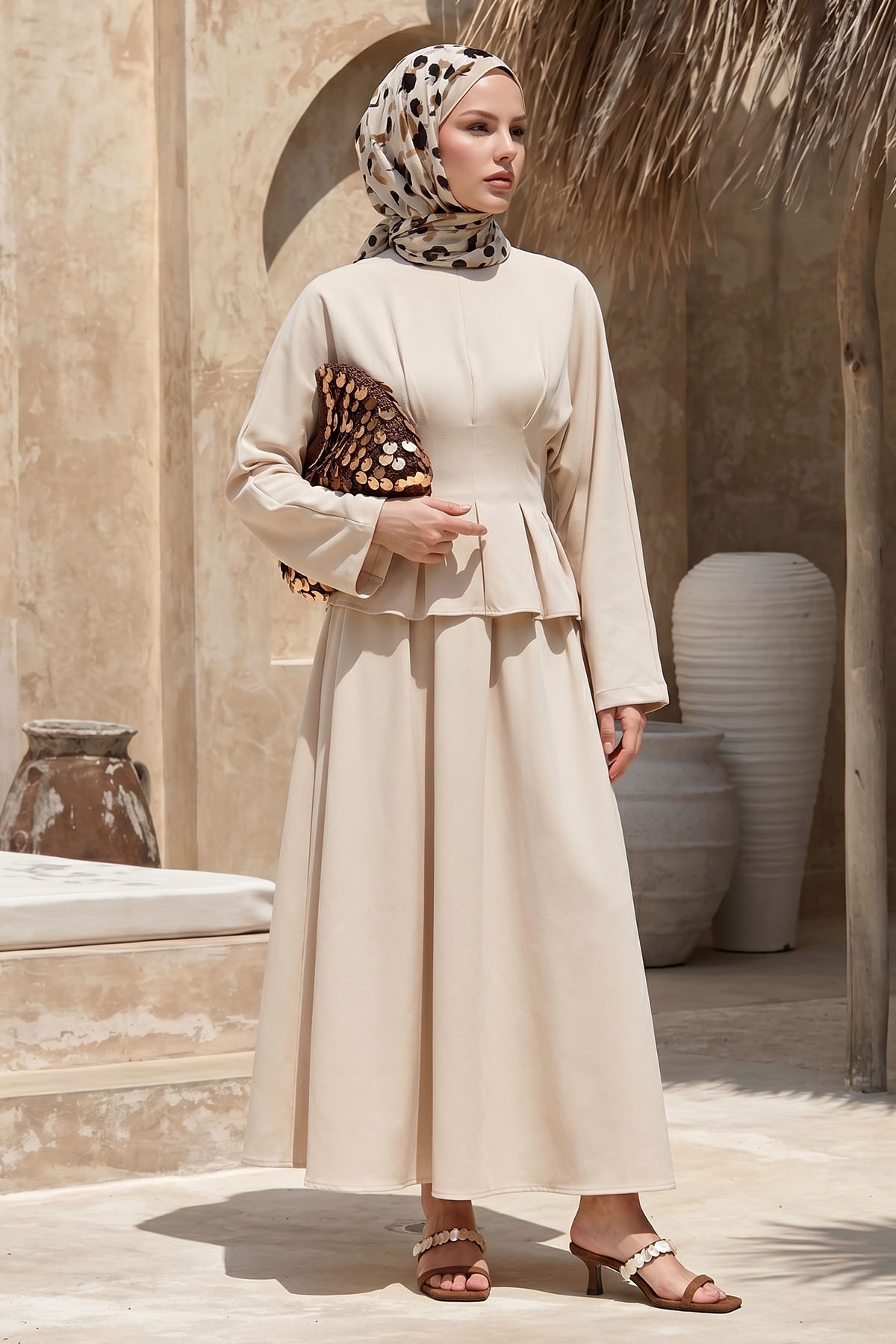 InStyle Tie-Waist Bat Sleeve Beige Suit