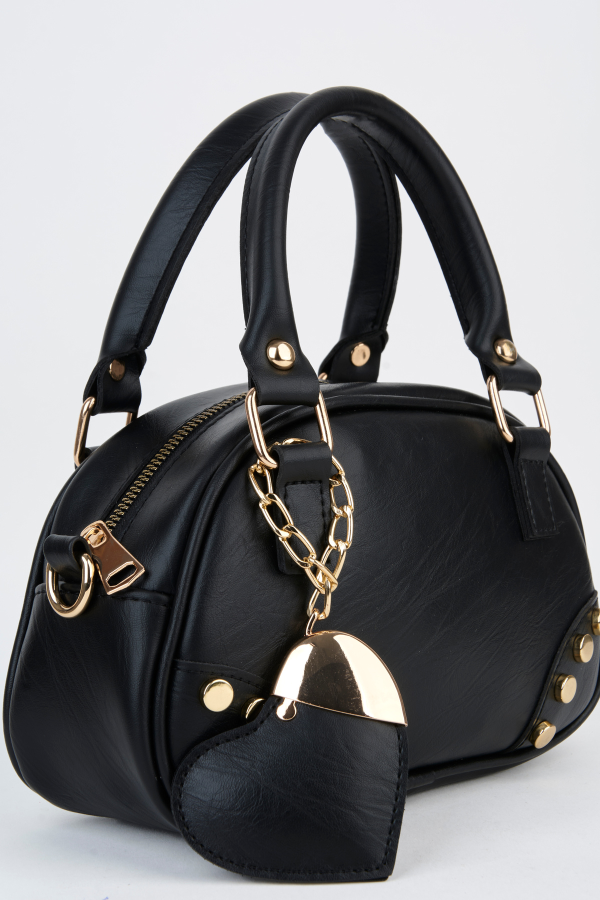 Women's LAL Black Heart Charm Detailed Adjustable Strap Zipper Closure Hand Sleeve And Shoulder Bag