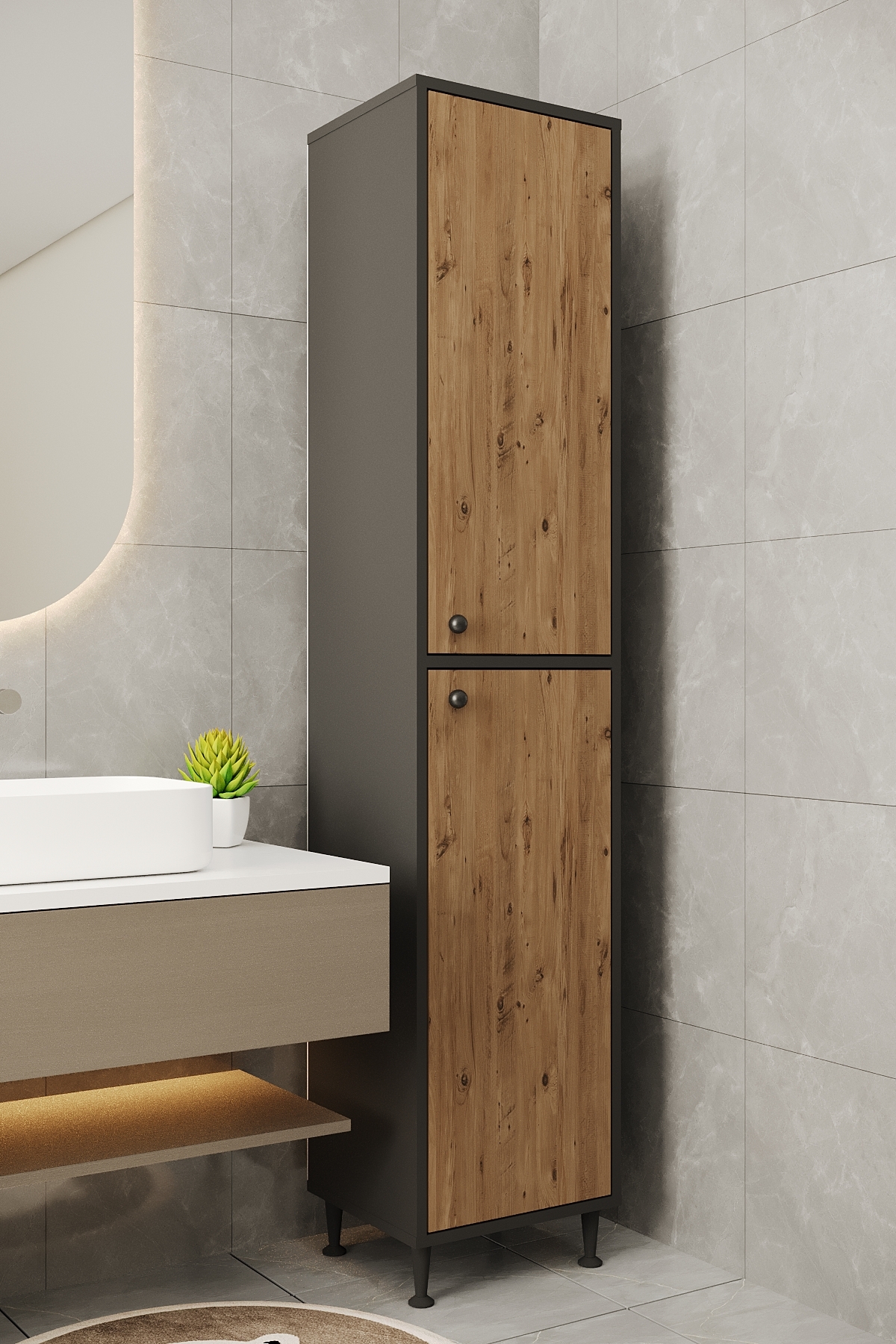 AE-2027 Lina Anthracite/Atlantik Pine 2 Door Multipurpose Cabinet 40x180 cm Narrow Height Bathroom Multi Compartment Storage Cabinet with Shelf