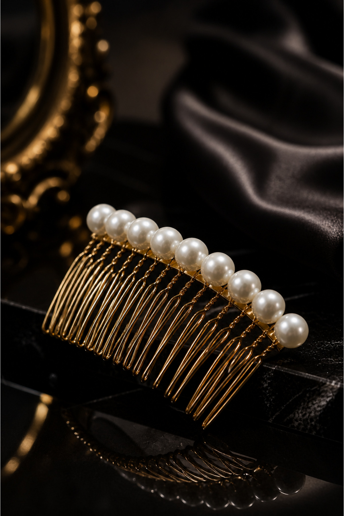 Asensa Gold&Beyaz İncili Nişan Tokası, Nişan Saç Aksesuarı, İncili Tarak Toka, Saç Pini, Nikah Tokası görsel 2