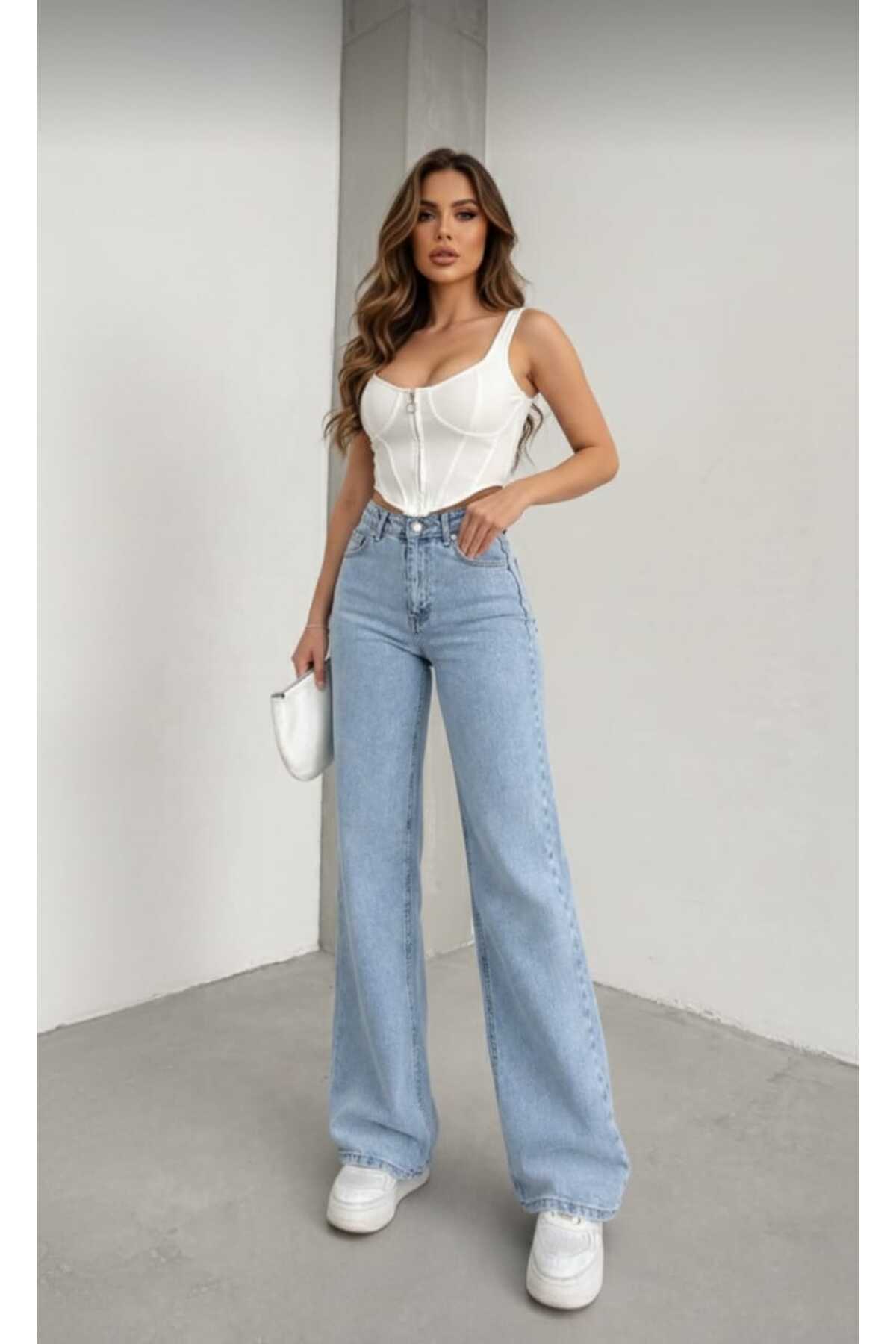 Women's Outdoor Snow Wash Blue Lycra Super High Waist Loose Jeans Palazzo Pants