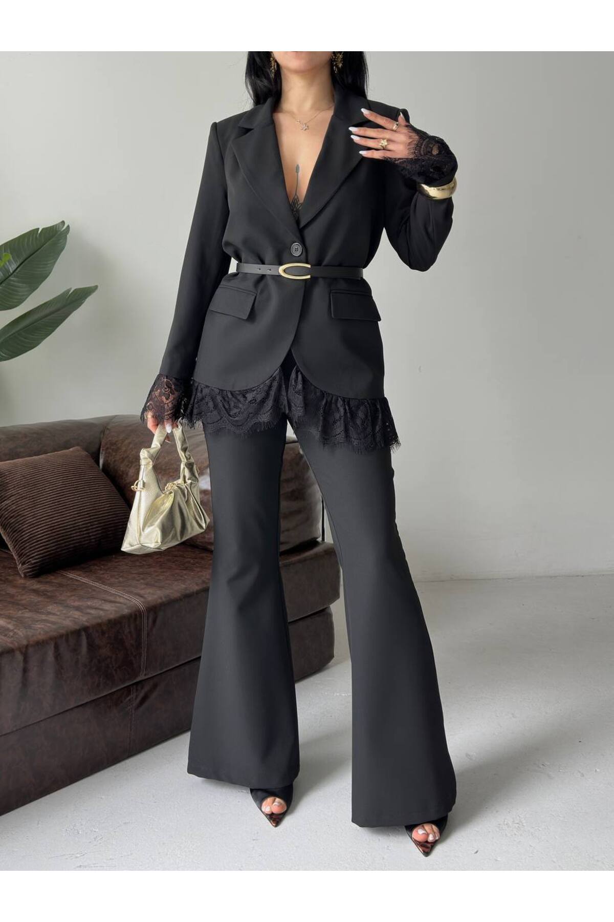 Ensemble Blazer à Détails Dentelle & Pantalon à Pattes d'Éléphant Premium - Görsel 6