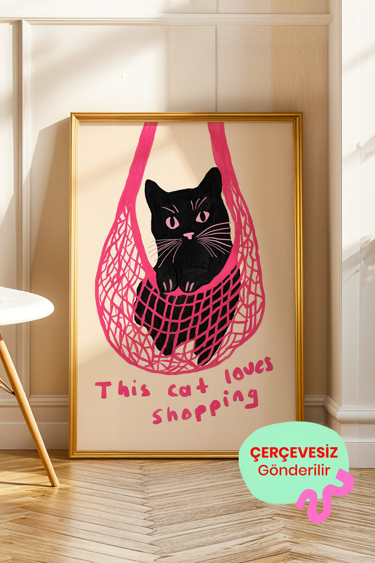 Siyah Kedi Tablo Poster Mizahi Modern İllüstrasyon Duvar Dekoru Çerçevesiz