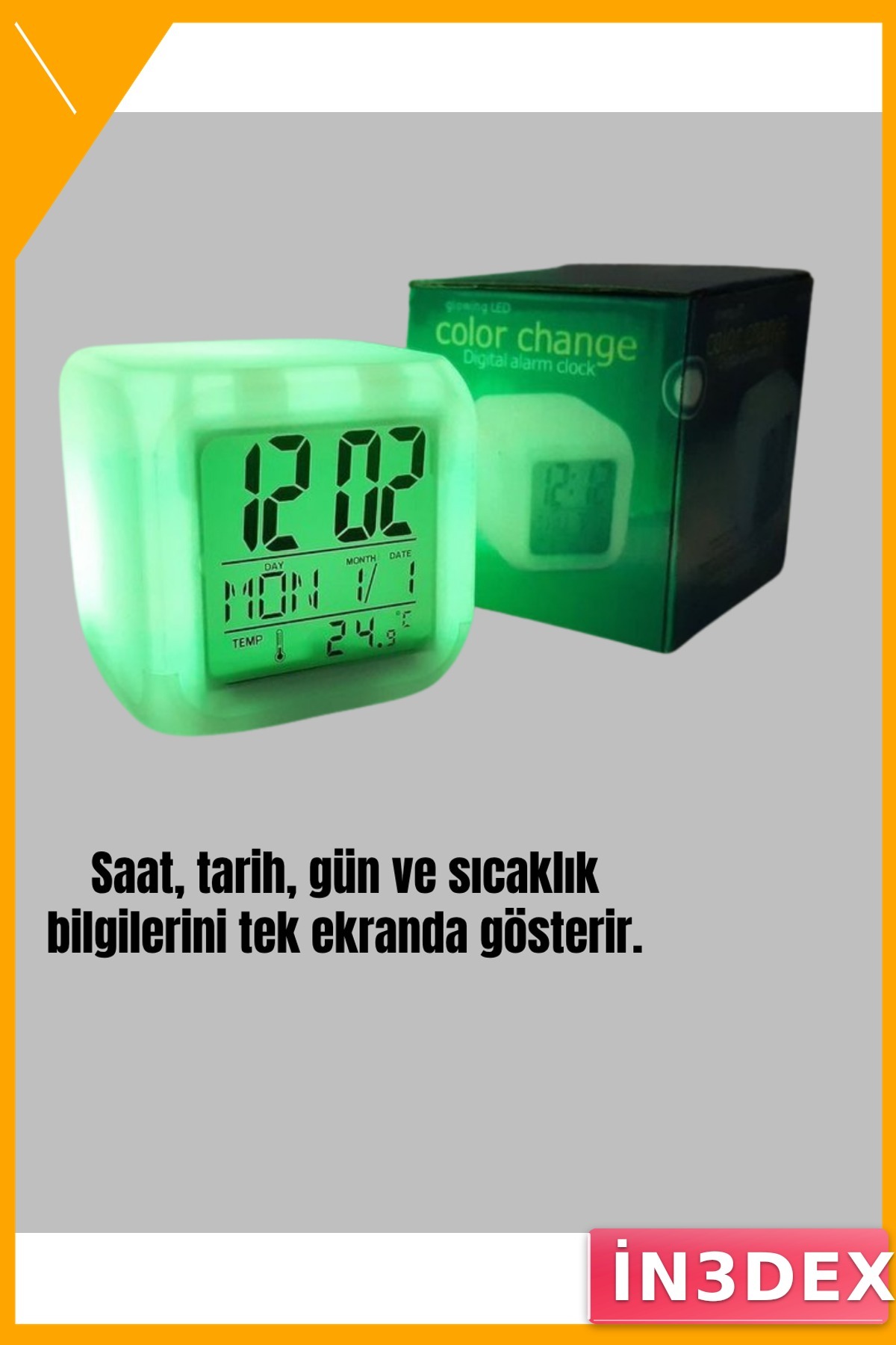 7 Renk Değiştiren LED Küp Alarm Saati Termometreli Takvimli