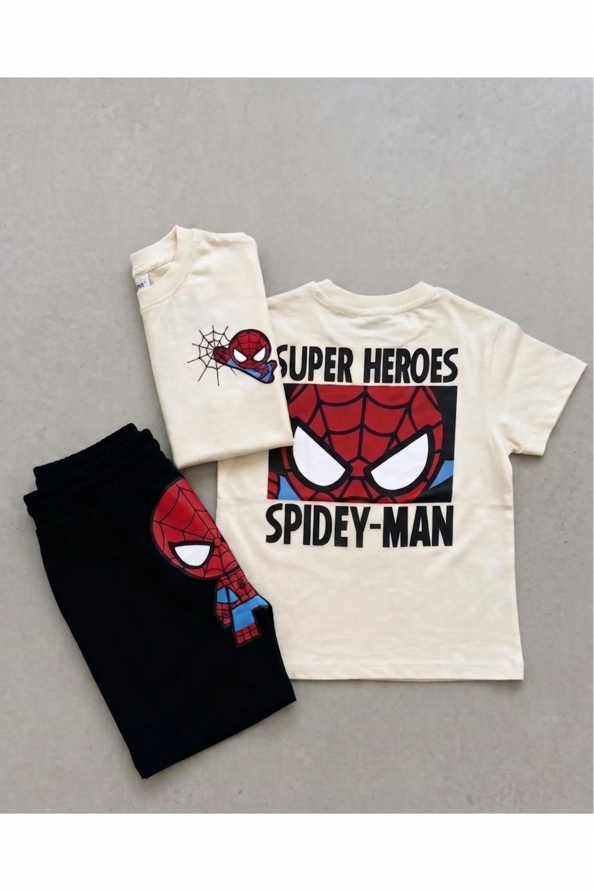 Kyex Spider-Man Printed Boys' Shorts Set Cream Black Set of 2 Ages 3-10