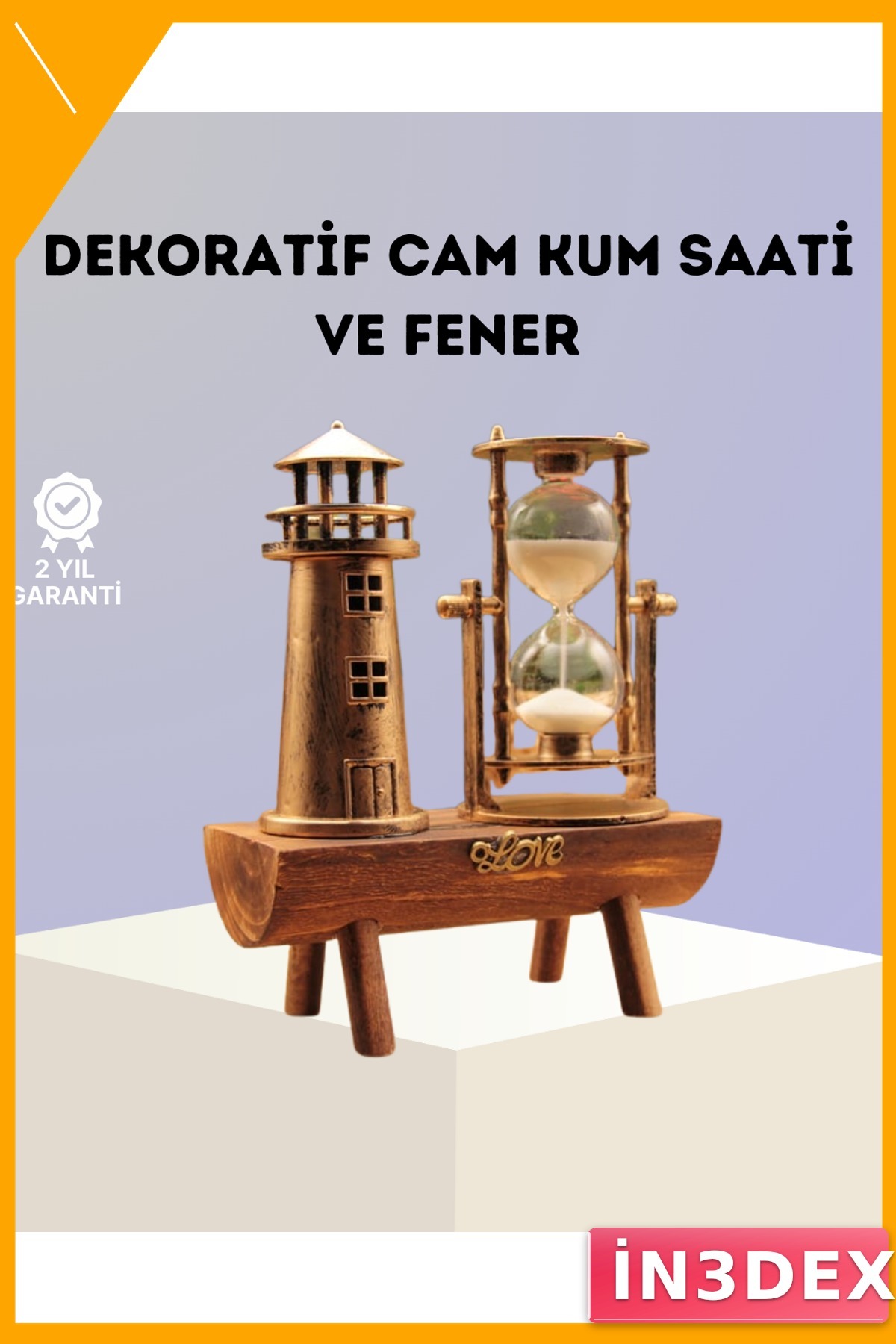 Ahşap Deniz Feneri Figürlü Masa Süsü Kum Saati 15x20 cm
