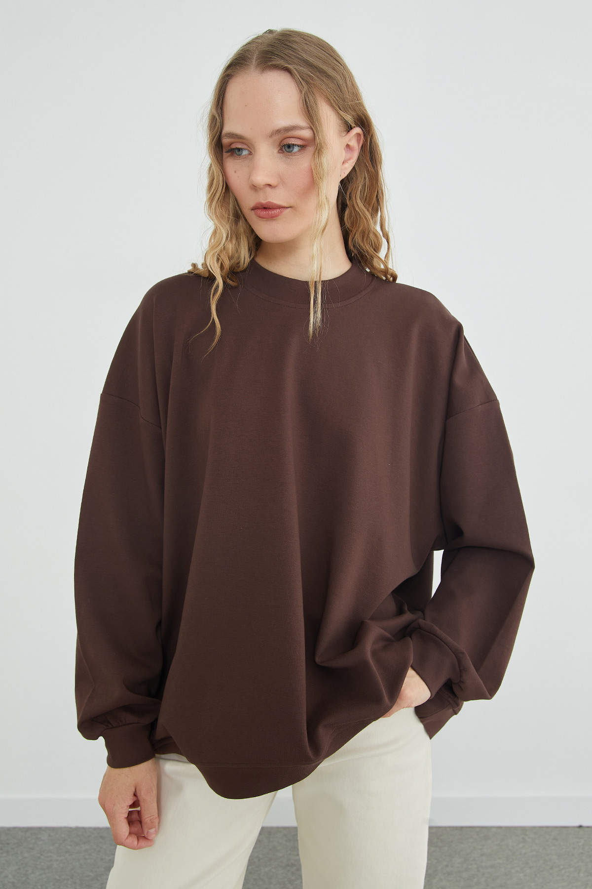 Fulla Moda Basic Bisiklet Yaka Oversize Sweatshirt görsel 5