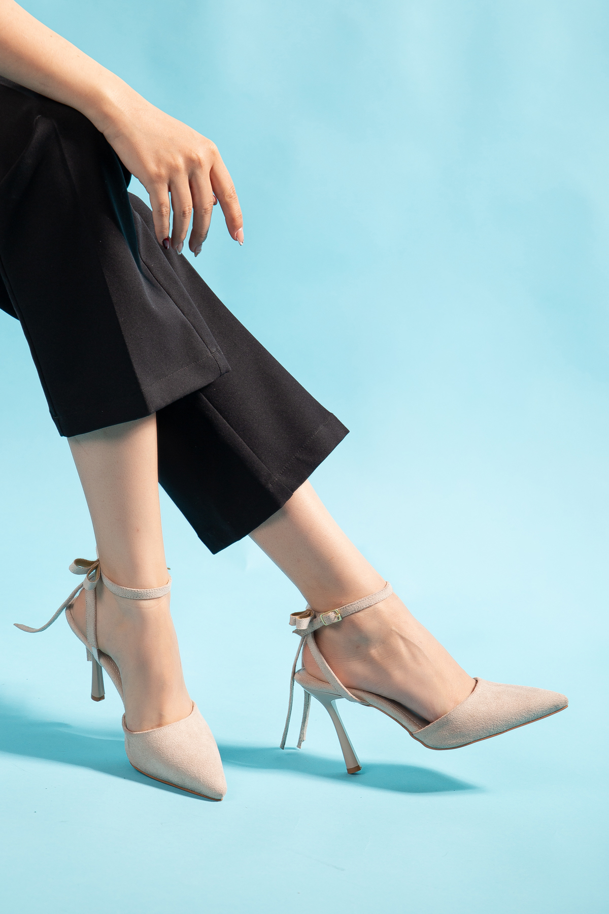 Beige Suede Back Bow Detailed Ankle Tie Women's High Heels