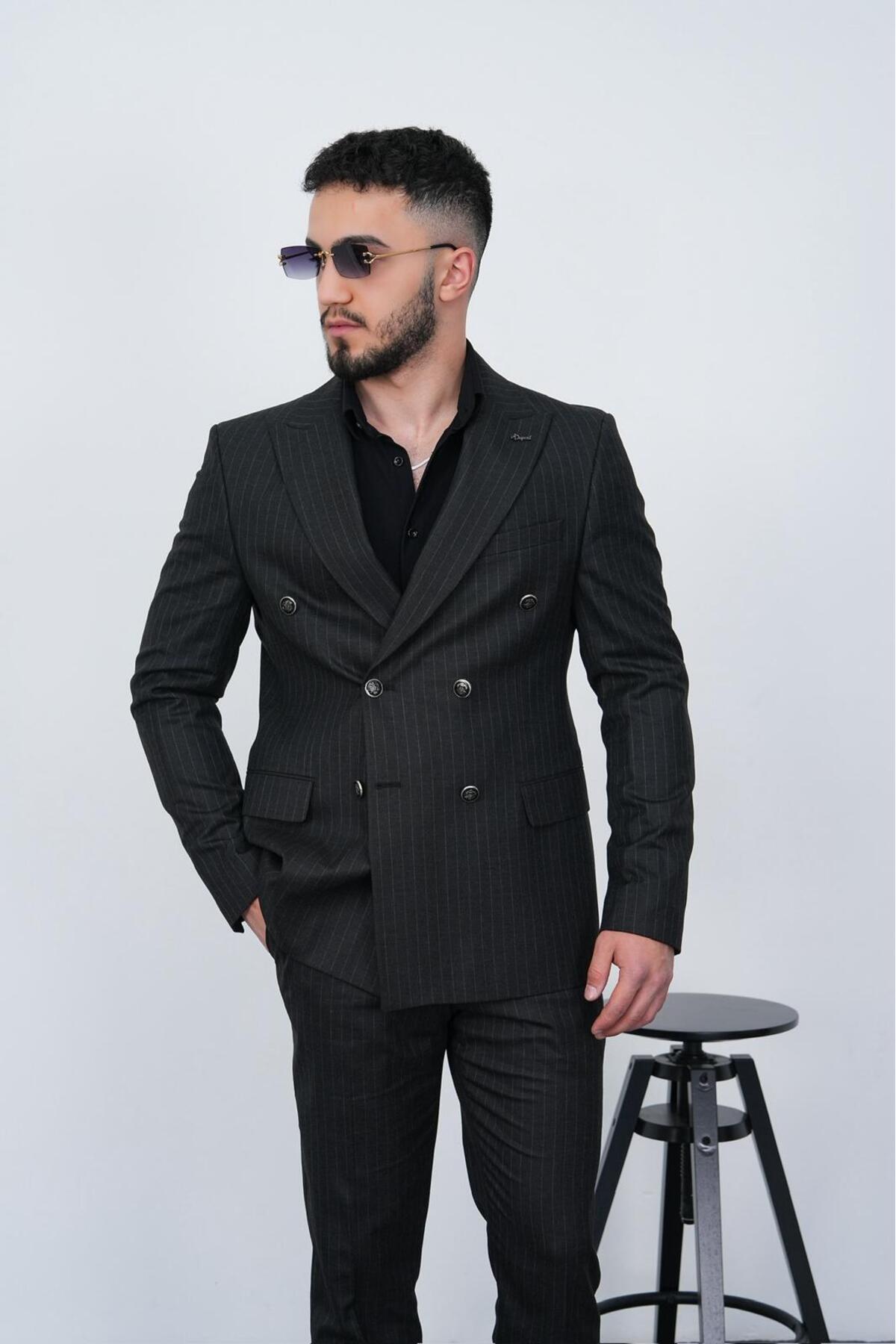 Dupont Slim Fit Erkek Sivri Yaka Çizgili Kruvaze Takım Elbise görsel 4