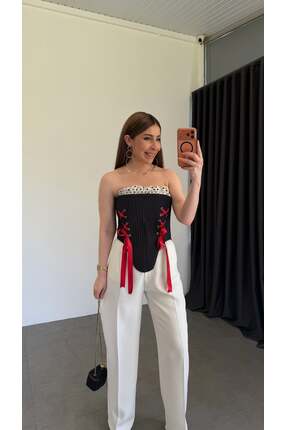 elif teke Balenli Kırmızı Kurdelalı Korse Bluz Lacivert