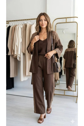 Moda Liva Butik Kadın Kahverengi Pul Payet İşlemeli Ceket Pantolon İkili Takım