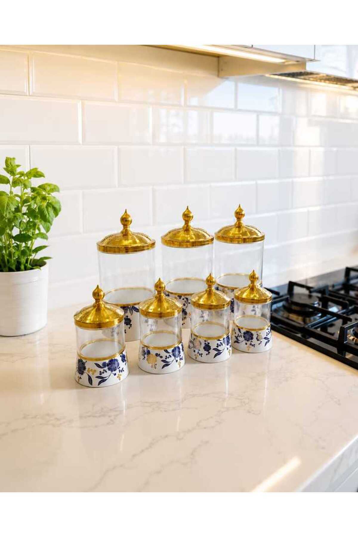 Twinkle 7 li Cam Ve Porselen Gold Metal Kapaklı Baharat Takımı
