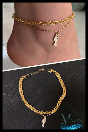 MAZEN Denizatı Figürlü Charm Gold Çift Zincir Halhal | Ayarlanabilir Kadın Ay...