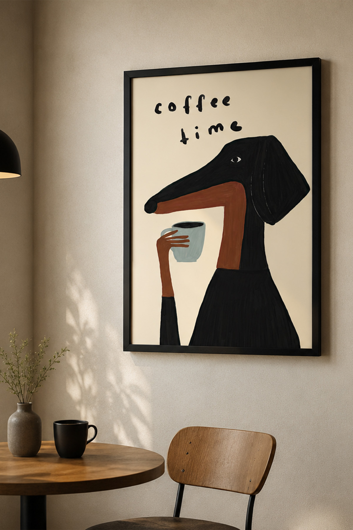 Kahve ve Köpek Poster Mizahi Modern Tablo Duvar Dekoru Çerçevesiz