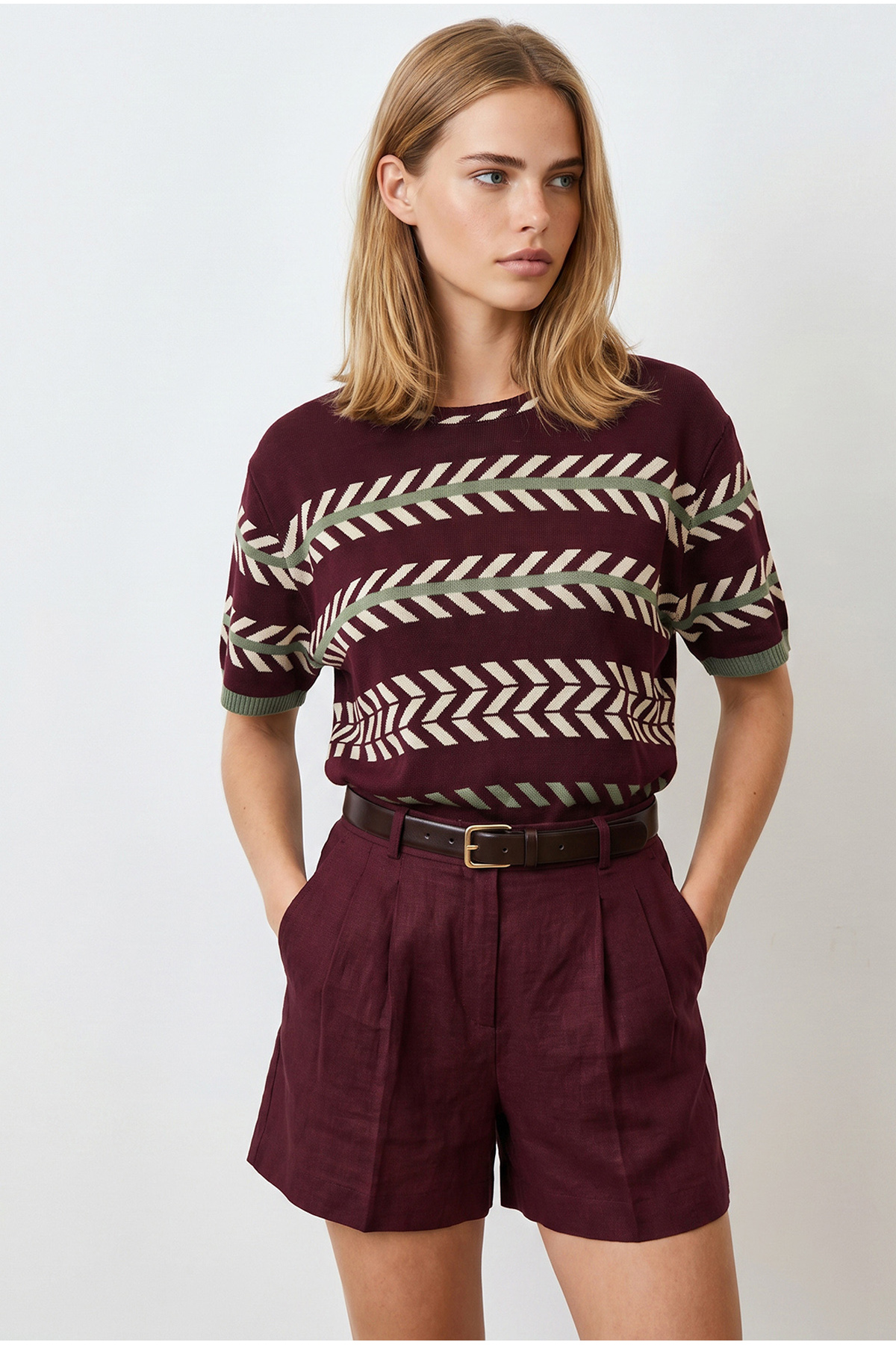 Women's Claret Red Flowing Cosmos Viscose Knitwear BlouseBLZ-19003361