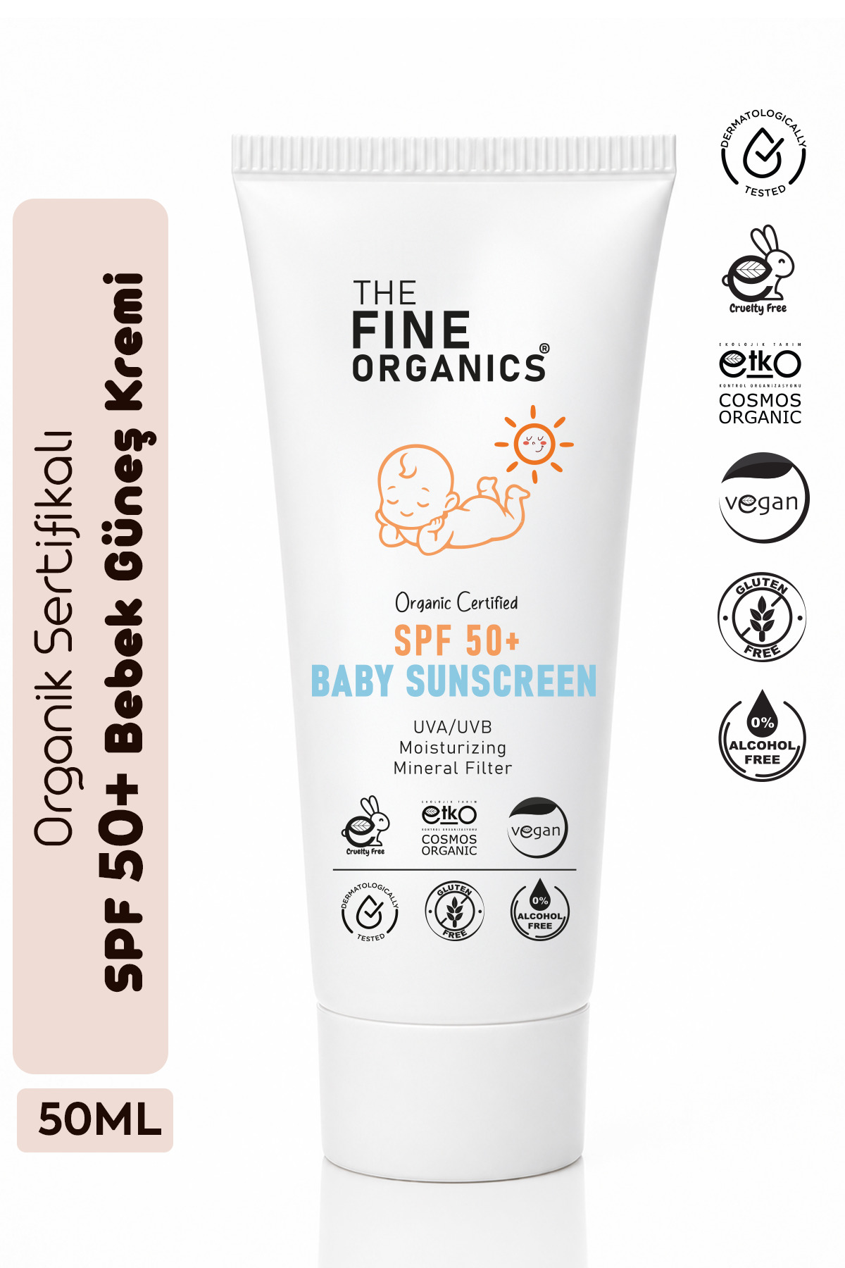 THE FINE ORGANICS Organik Sertifikalı SPF 50+ UVA/UVB Mineral Filtreli Bebek ve Çocuk Güneş Kremi, Vegan Güneş Kremi — TFOBSCR01