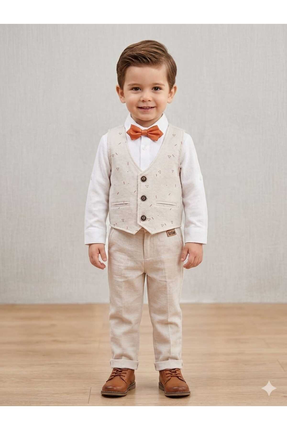 Minitrio 3-Piece Set with Bow Tie, Vest and Shirt, Cream Color, Boys' Suit
