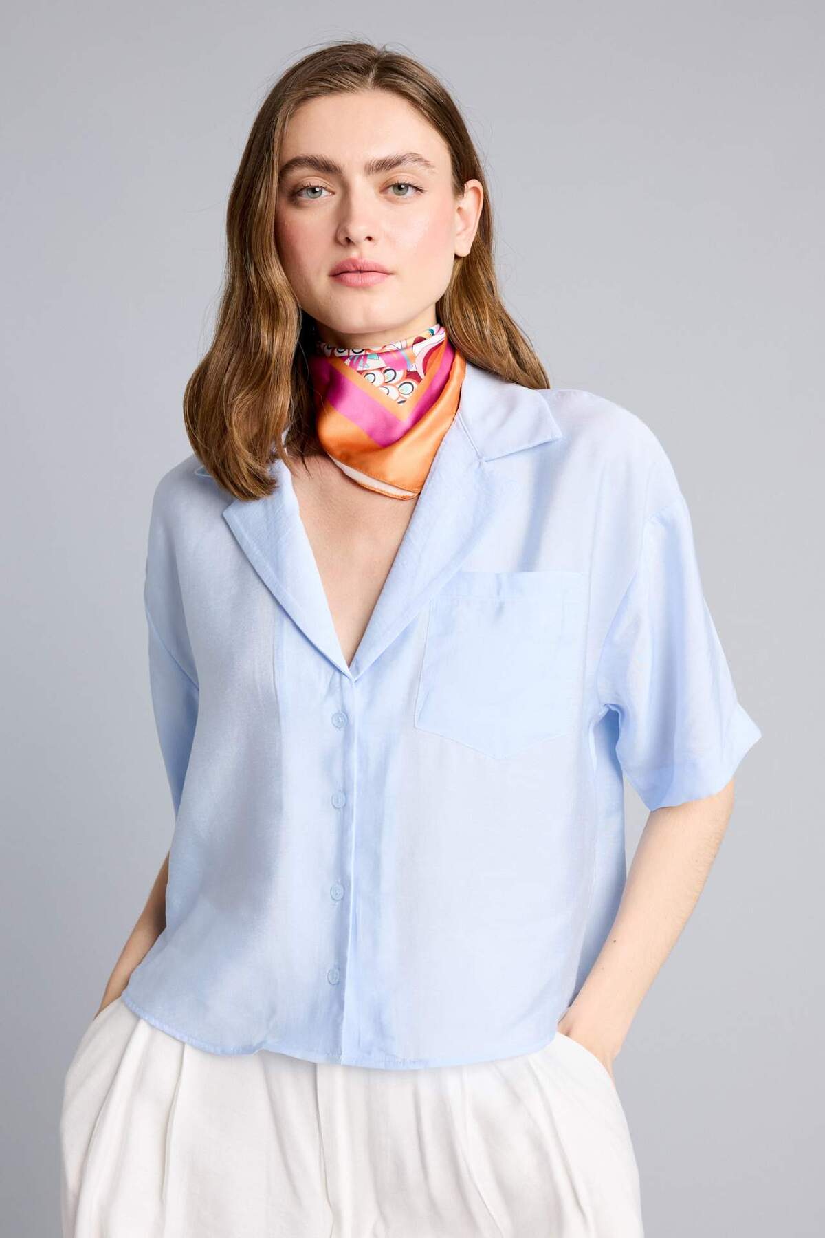 Defacto Pajama Collar Modal Short Sleeve Light Blue Shirt H7938Ax26Sm