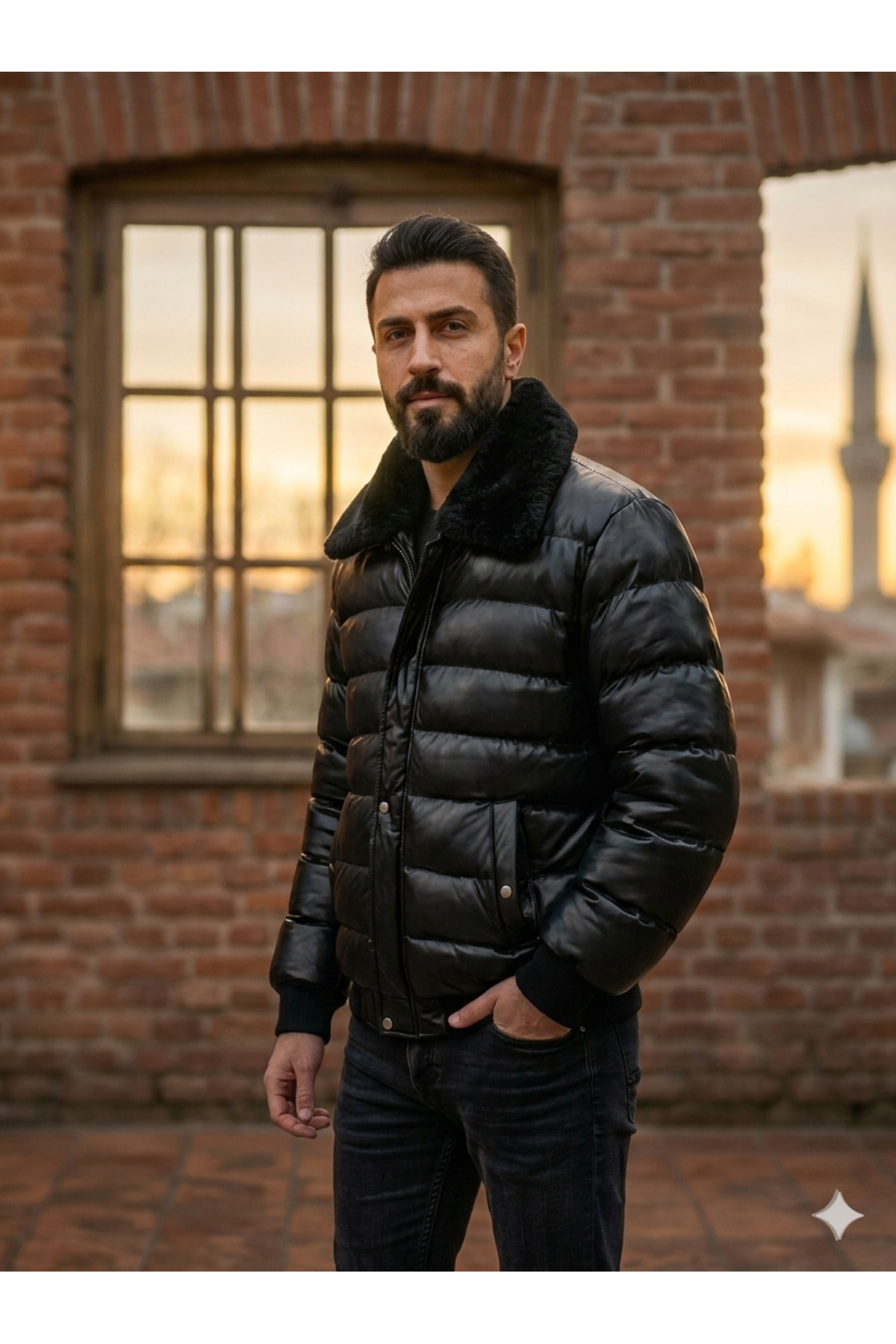 Amur Black Fur Collar Leather Look Puffer Coat- Trendyol