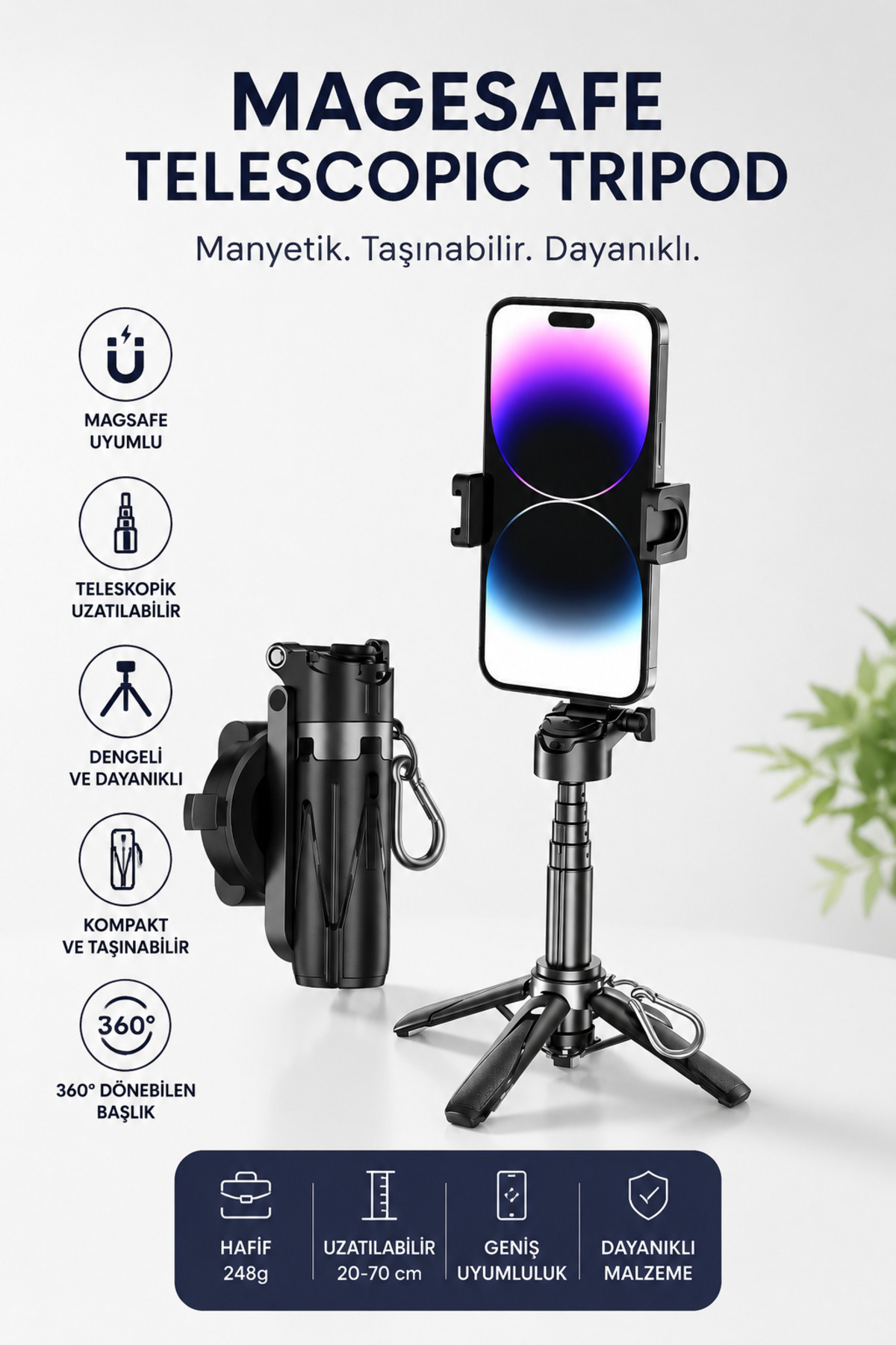 SAYMOND Magsafe Uyumlu Profesyonel Tripod 360 Döner Başlık Hafif Taşınabilir Vlog Seyahat Canlı Yayın Selfie