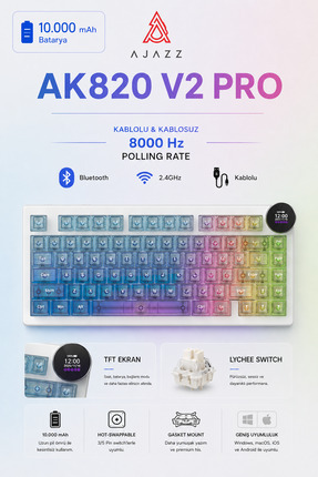 Ajazz Ak820 V2 Pro 8K+8K Ekranlı Mekanik Oyun Klavyesi-10.000 Mah Batarya
