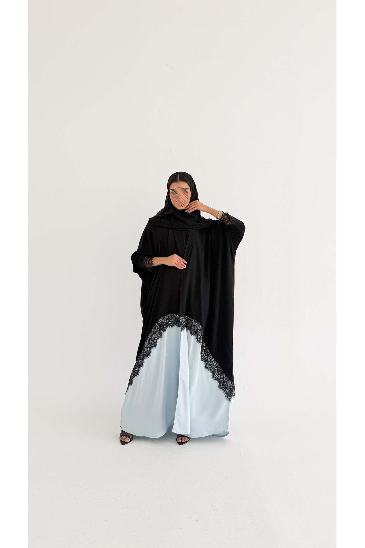 AYA mwt2009 عباية كريب اسود وساتان مع دانتيل
