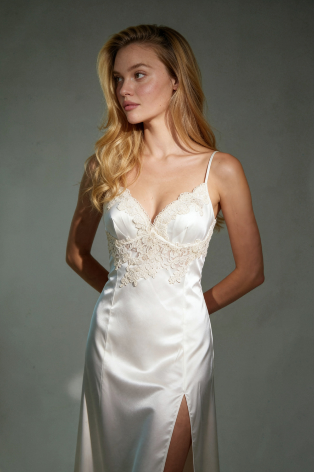 Wakabayashi Maison Bride Celeste Nightgown - Ecru Satin, Long Satin Nightgown with Lace Detail