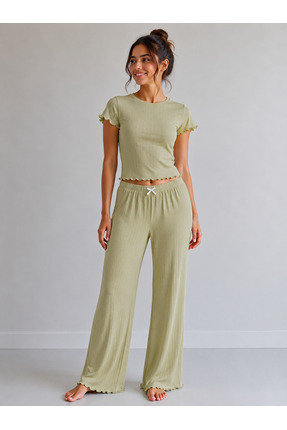 Loselya Kadın %60 Bambu % Cotton Likralı Fırfır Detaylı Pijama Takımı İspanyo...