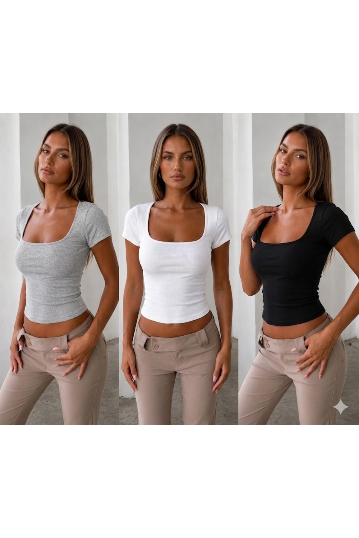 ÖZ PAMUK 3-Pack Cotton Soft Textured Ribbed Camisole Short Sleeve Square Neck T-Shirt