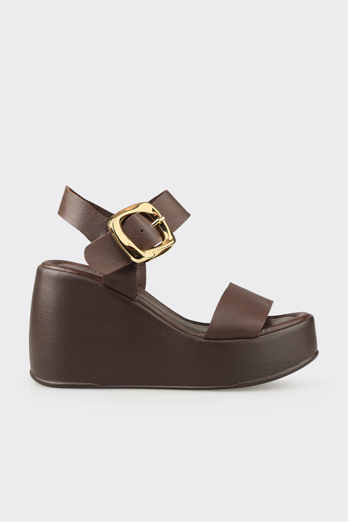 Elle Shoes Kahve Deri Kadın Dolgu Topuk Sandalet