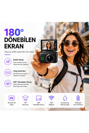 TARÇIN Viora 4K Aksiyon Kamerası Mini 180° Döner Ekran WiFi App Geniş Açı Taş...