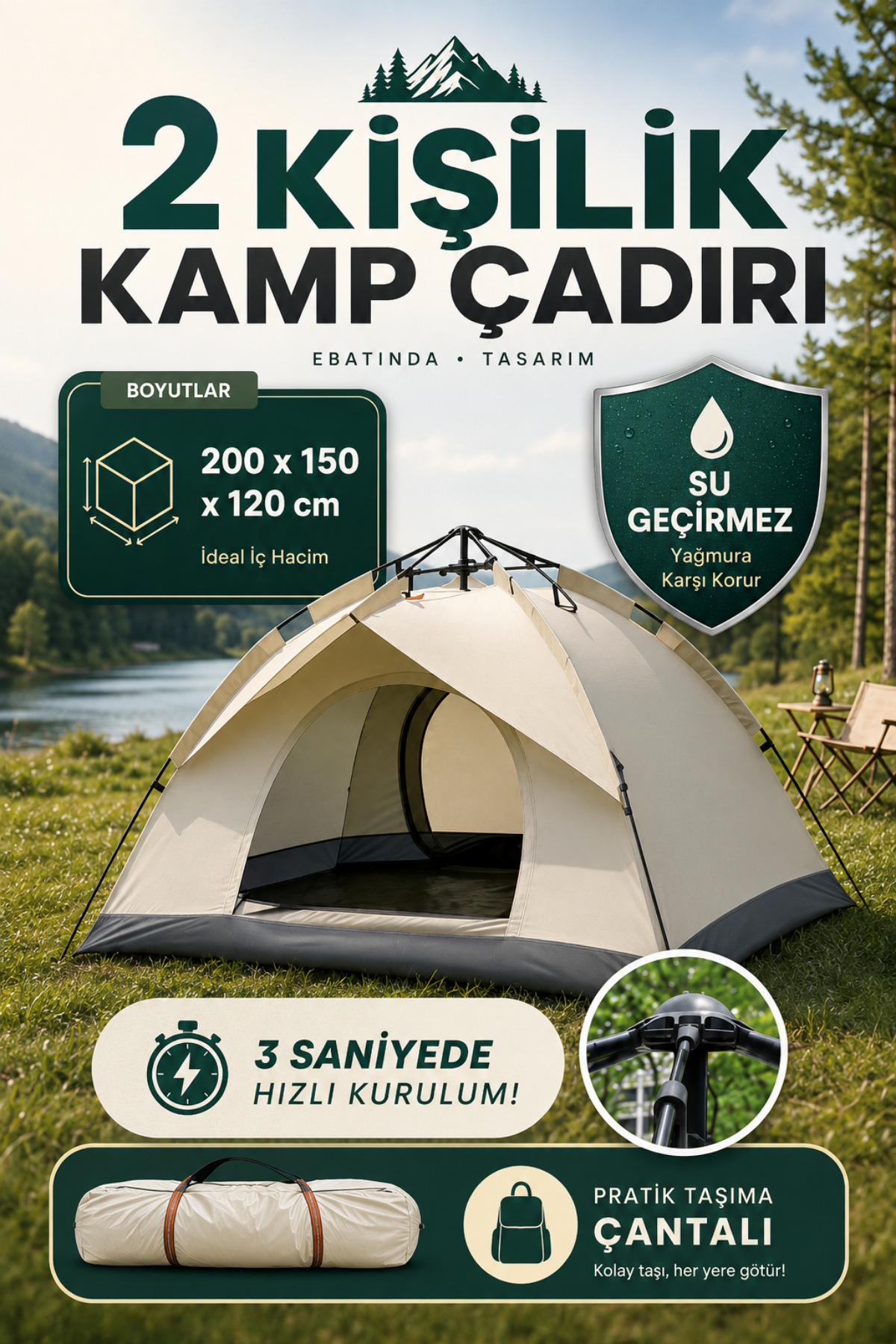 Seyoni Outdoor AC6634 Otomatik Kamp Çadırı 200x150x120 cm Çift Katmanlı Su Geçirmez Kolay Kurulum