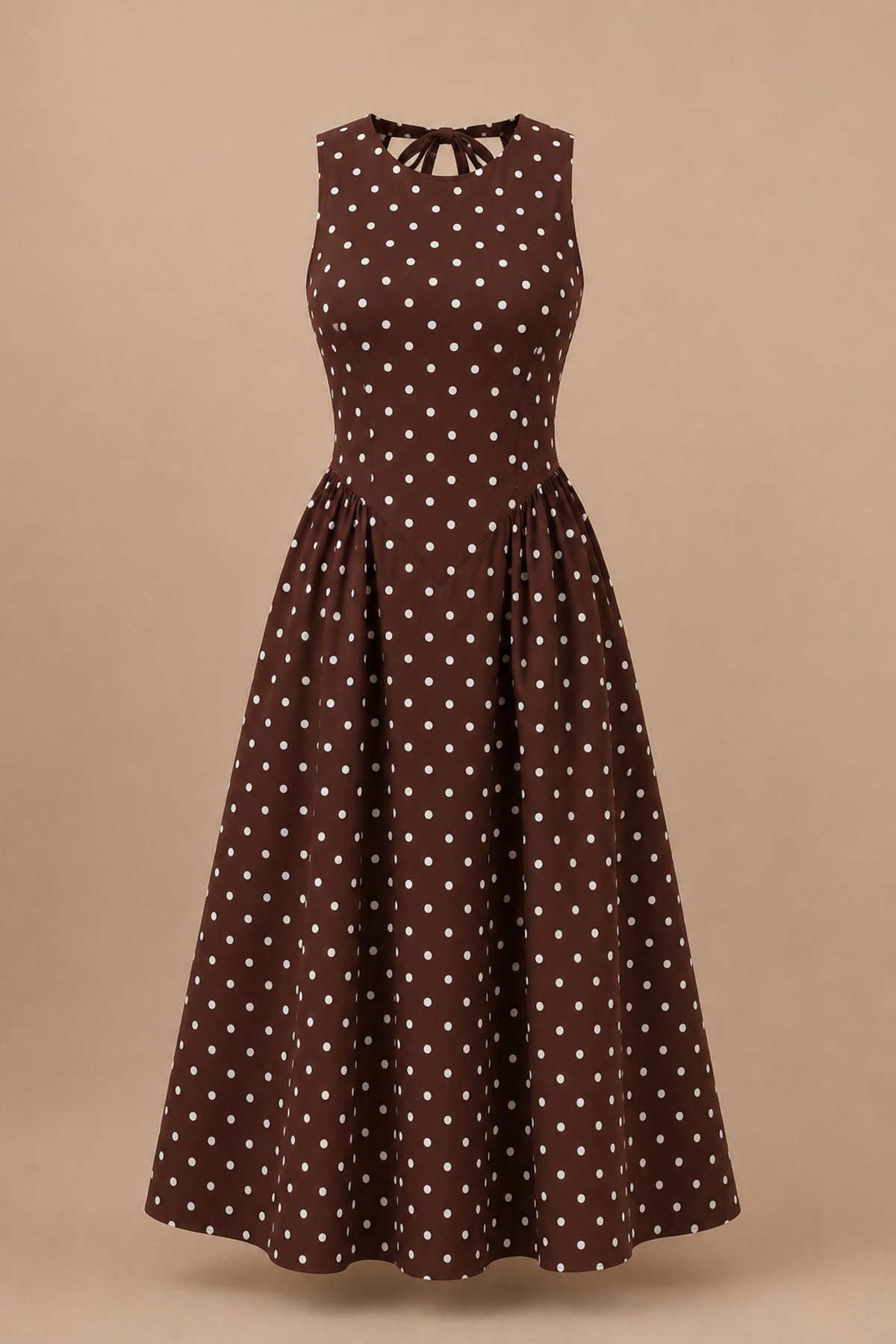 Women's Vintage Open Back Waist Seated Dress with Polka Dot