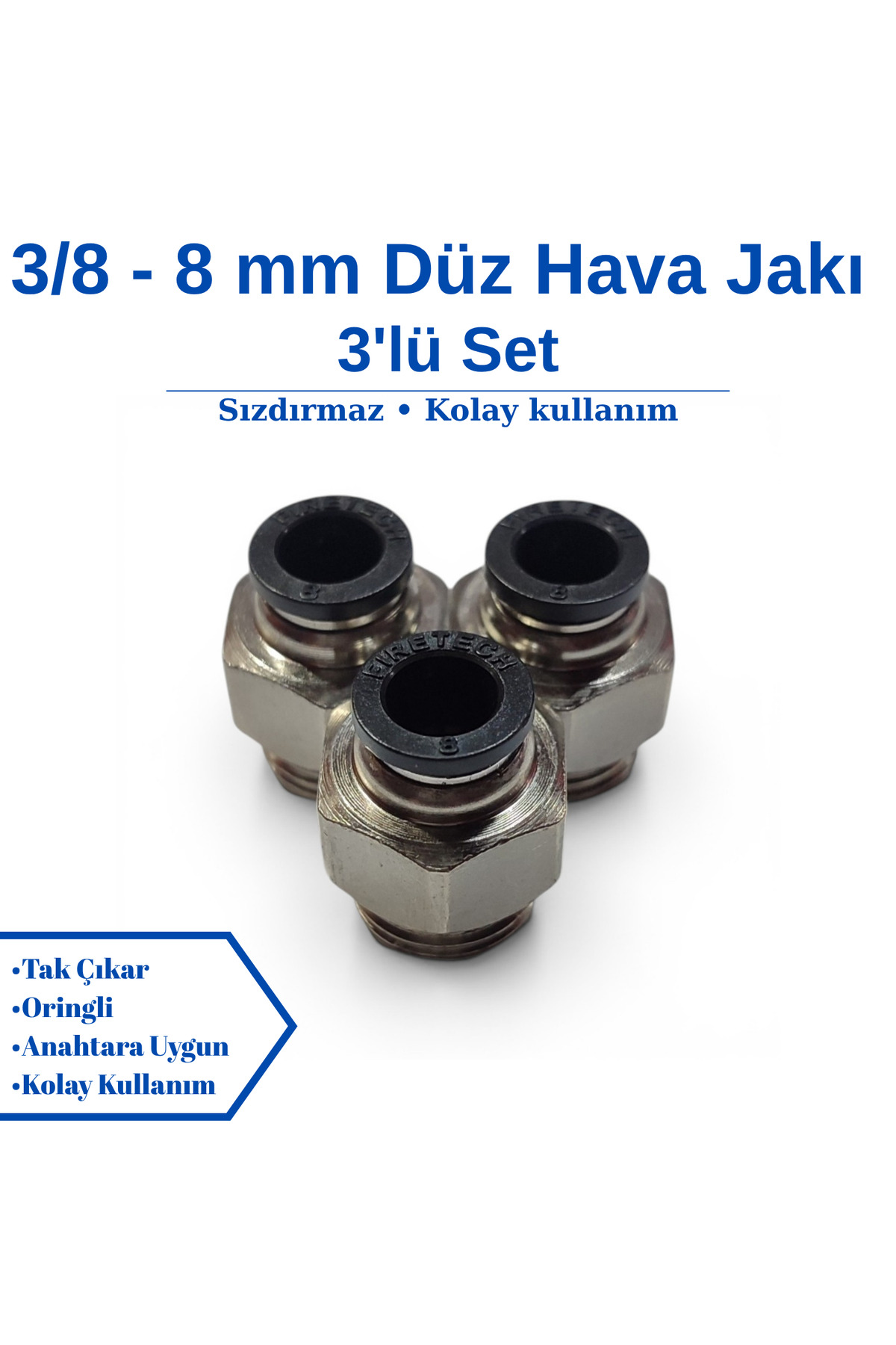 Firetech 3/8 - 8 mm Düz Hava Jakı - Pnomatik Jak - Hortum Jakı - 3