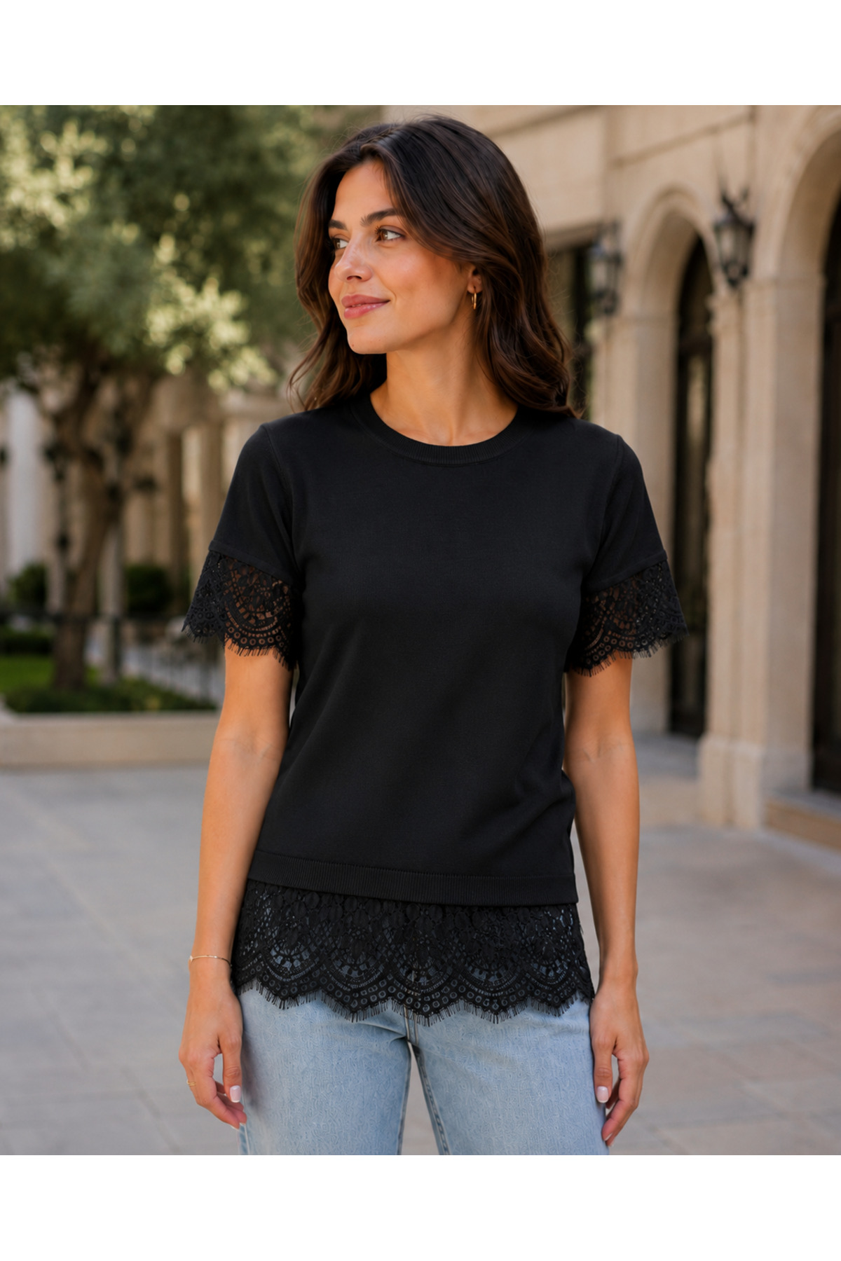 GAFE MODA Summer Crochet Lace-Detail Tricot T-Shirt