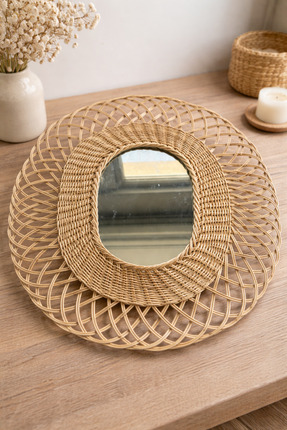 homey laliving  Bohem Doğal Hasır Çiçek Form Dekoratif Ayna