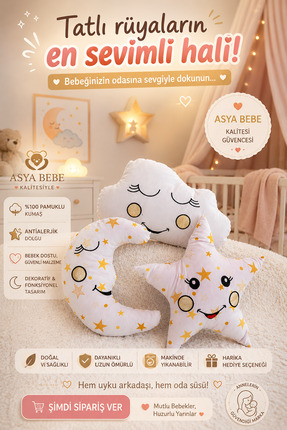Bebek Dünyası Asya Bebe Asya Bebe ASYABEBE | AY-YILDIZ-BULUT 3'lü Bebek Yastı...