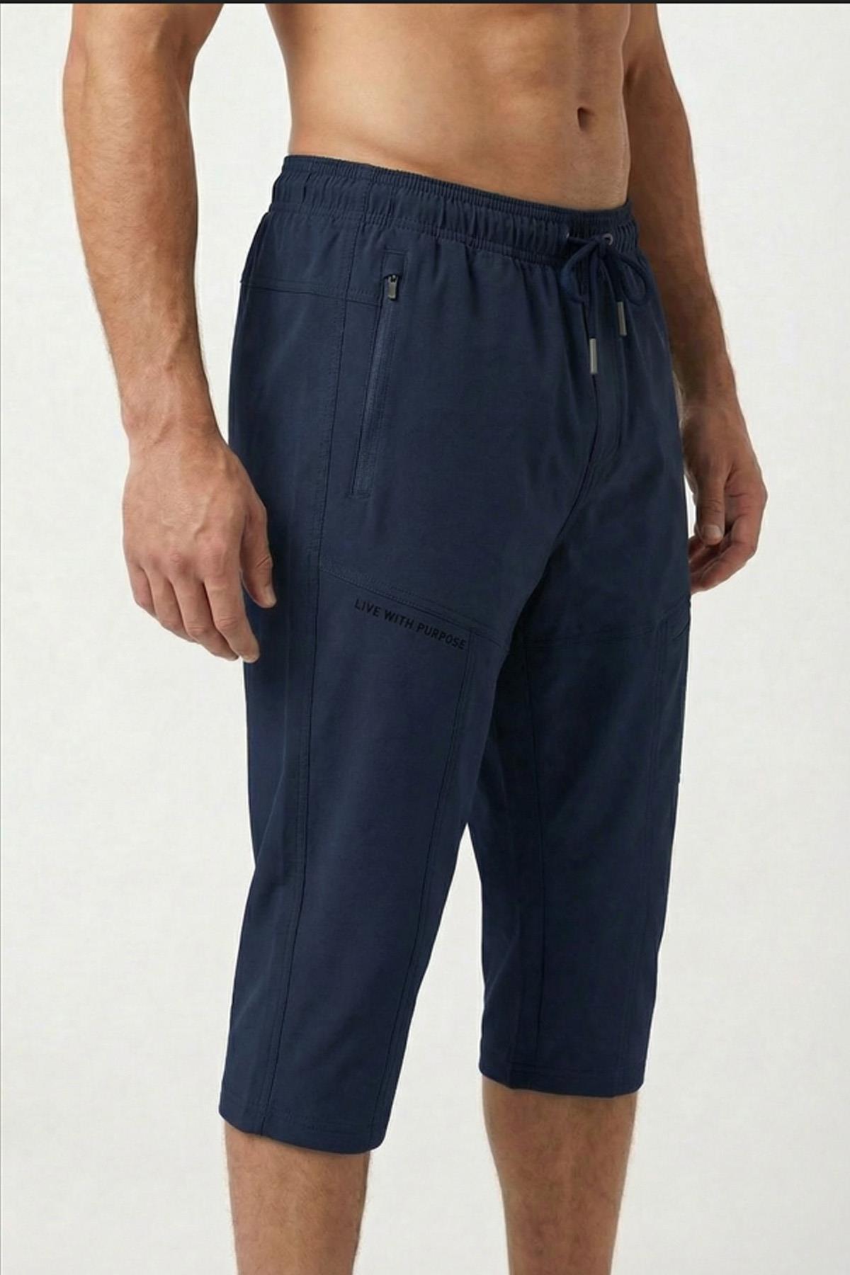 Miami Beach Navy Blue Below the Knee Long Model Water-Repellent Lycra Flexible Fabric Men's Beach Sea Capri Shorts /940