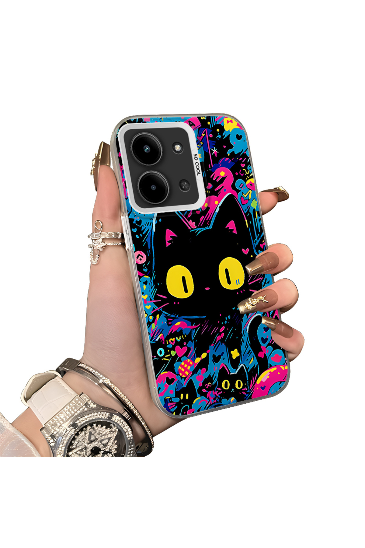 Redmi 15c 5G Compatible Silicone Edge Hard Back Case Couple Phone Case with Cat Pattern