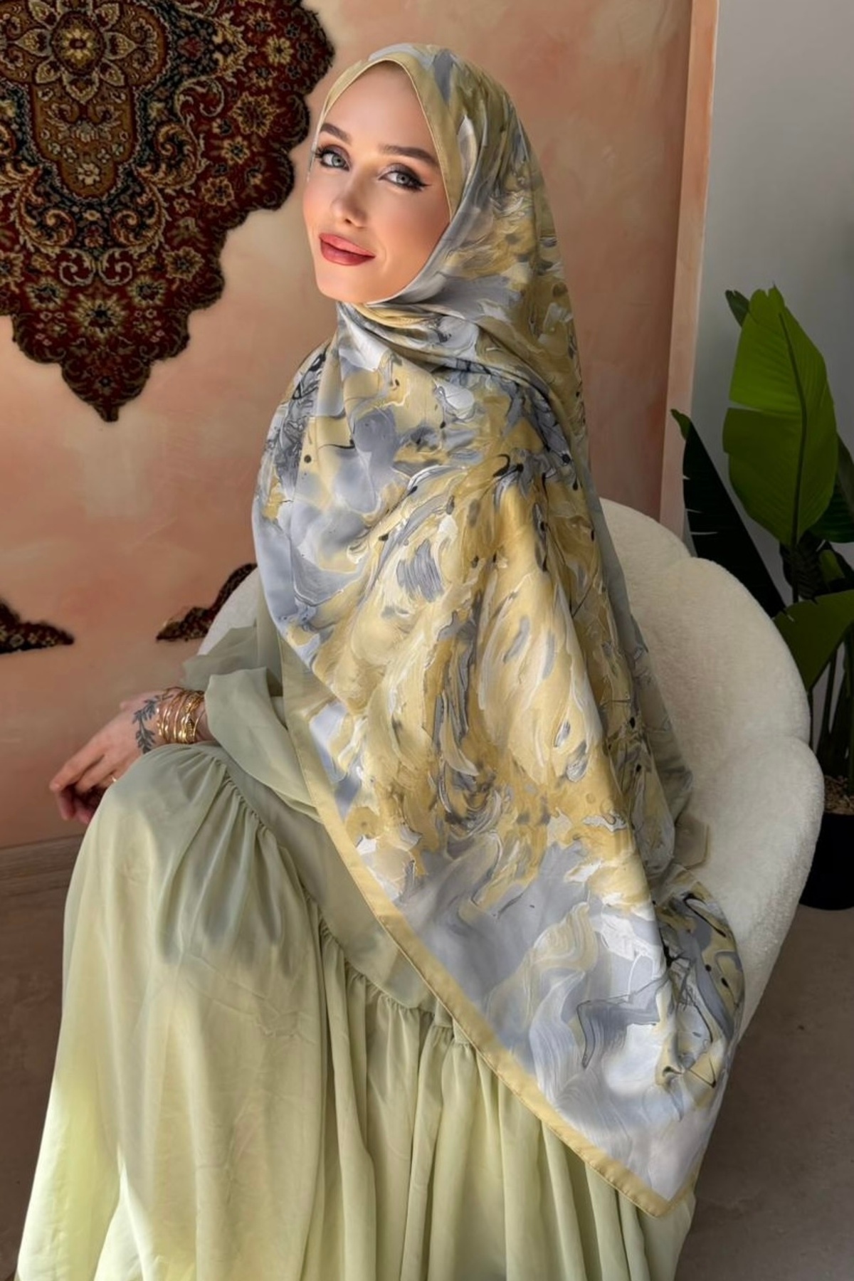İmajButik Hardal Gri Desenli Soft Şal