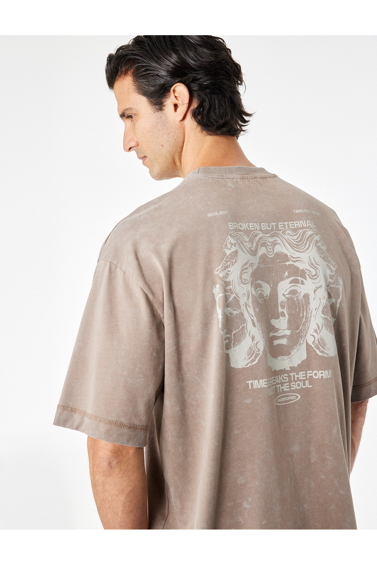 Koton Crew Neck Washed Cotton Short Sleeve Oversize T-Shirt with Back Print