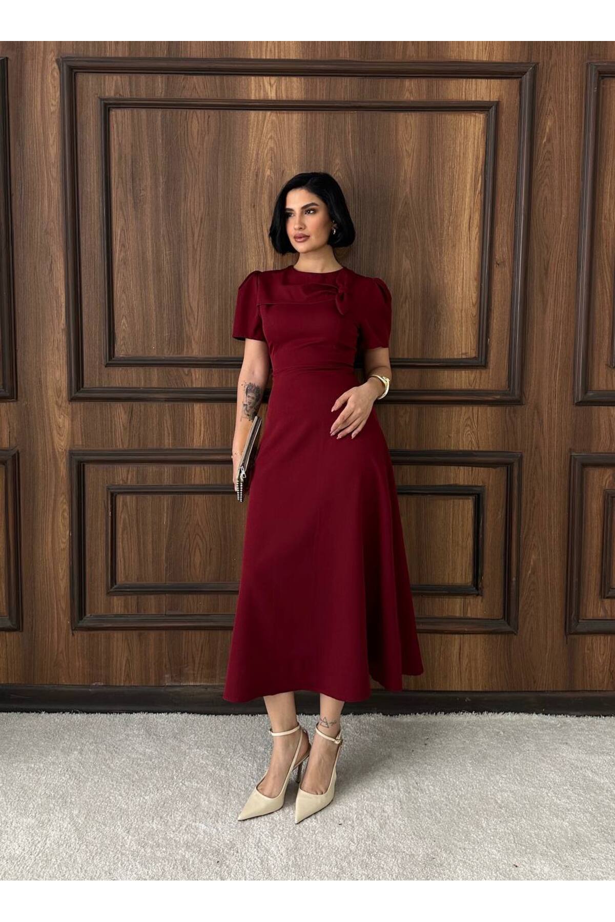 Women's Claret Red Stylish Wedding and Wedding Dress Midi Size