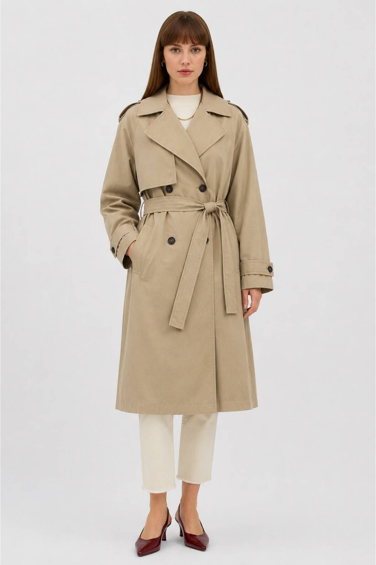 RESSHO Kadın Kemerli Uzun Trençkot, Su Geçirmez, Astarlı, Oversize Model