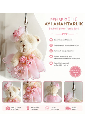 reyselstyle PEMBE TÜL ELBİSELİ PELUŞ AYI ANAHTARLIK